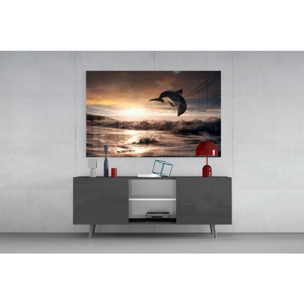 Vibrant sunset dolphin leap wall art canvas print
