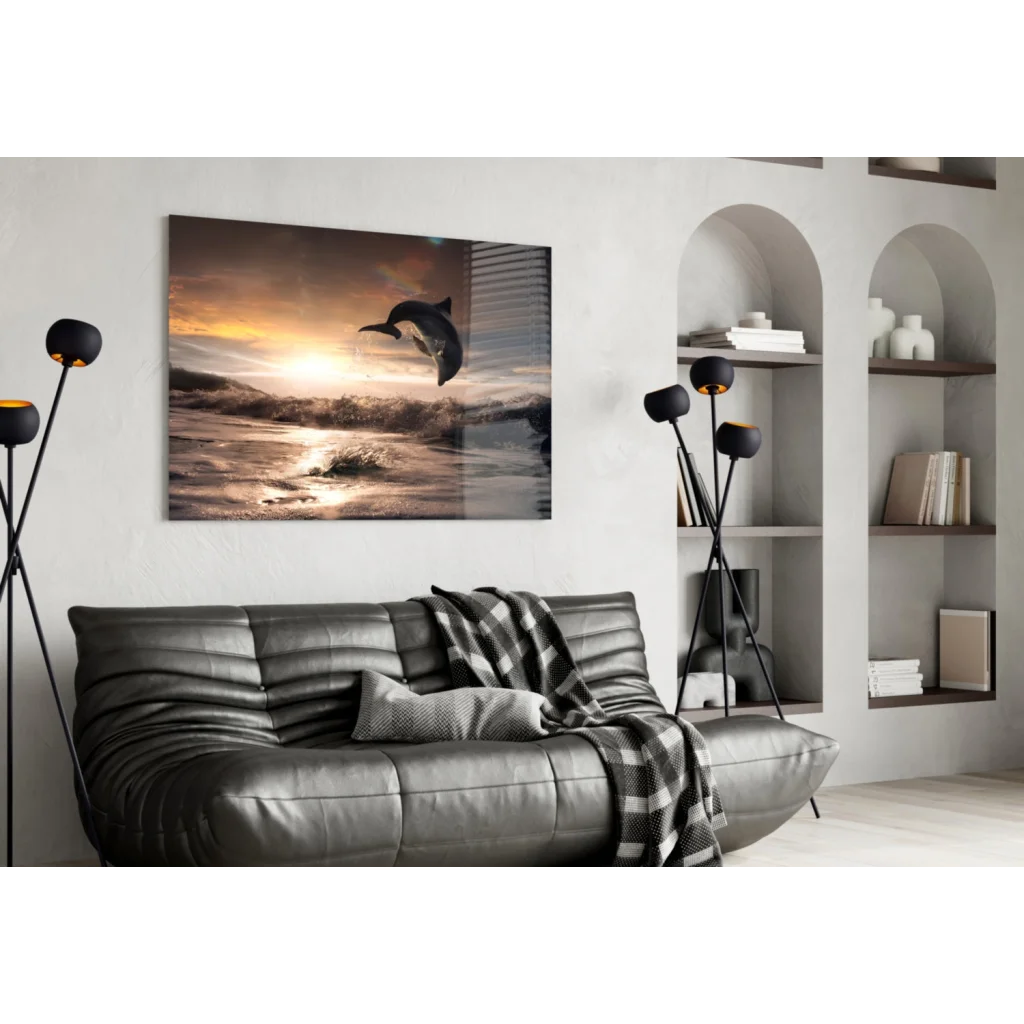 Sleek dark gray quilted leather sofa with ribbed backrest wall art print