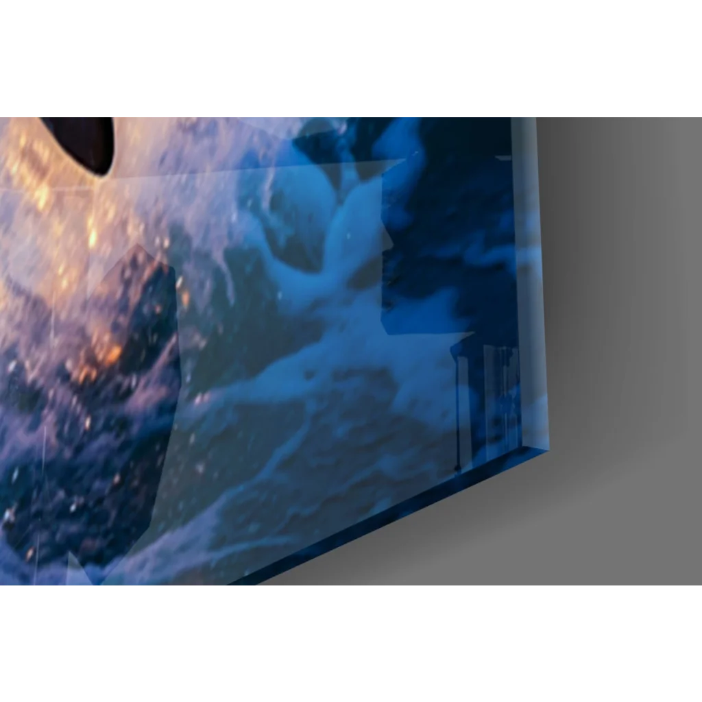 Vibrant blue and orange abstract landscape on sleek glass wall art TV screen