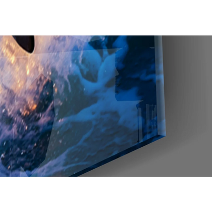 Vibrant blue and orange abstract landscape on sleek glass wall art TV screen