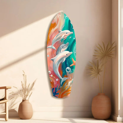 Vibrant Dolphin Surfboard Tempered Glass Art with Size Comparison