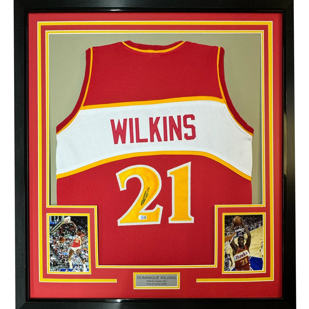 Framed and autographed Dominique Wilkins Atlanta Hawks jersey with photos for wall decor