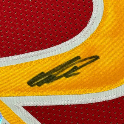 Red Hawks jersey with yellow and white trim and a black autograph for wall decor