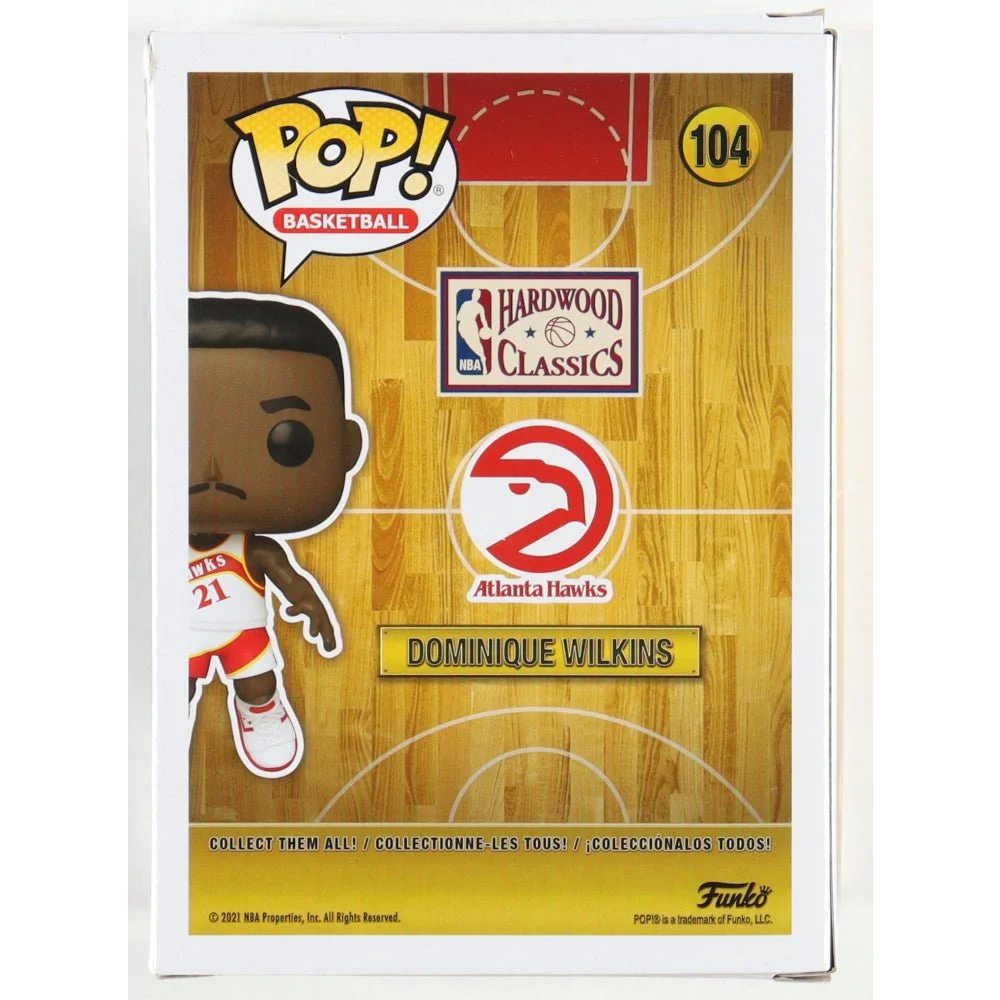 Back of Dominique Wilkins Signed Hawks Funko Pop box with JSA authentication showing basketball theme