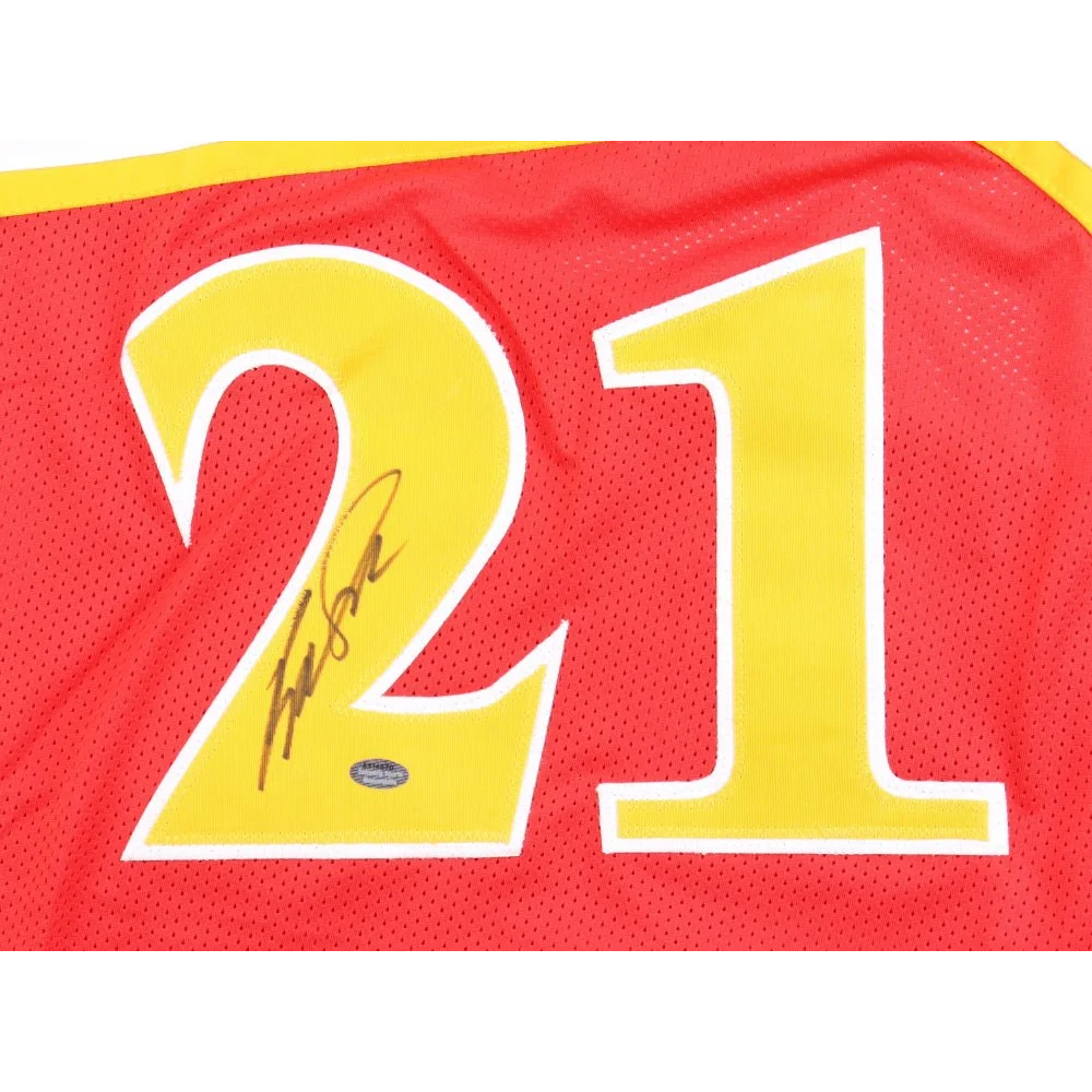 Red Dominique Wilkins signed jersey with yellow number 21 and Schwartz Sports hologram