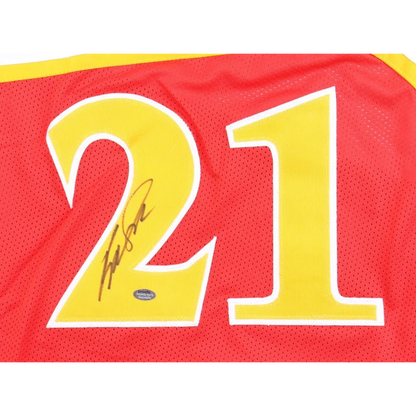 Red Dominique Wilkins signed jersey with yellow number 21 and Schwartz Sports hologram