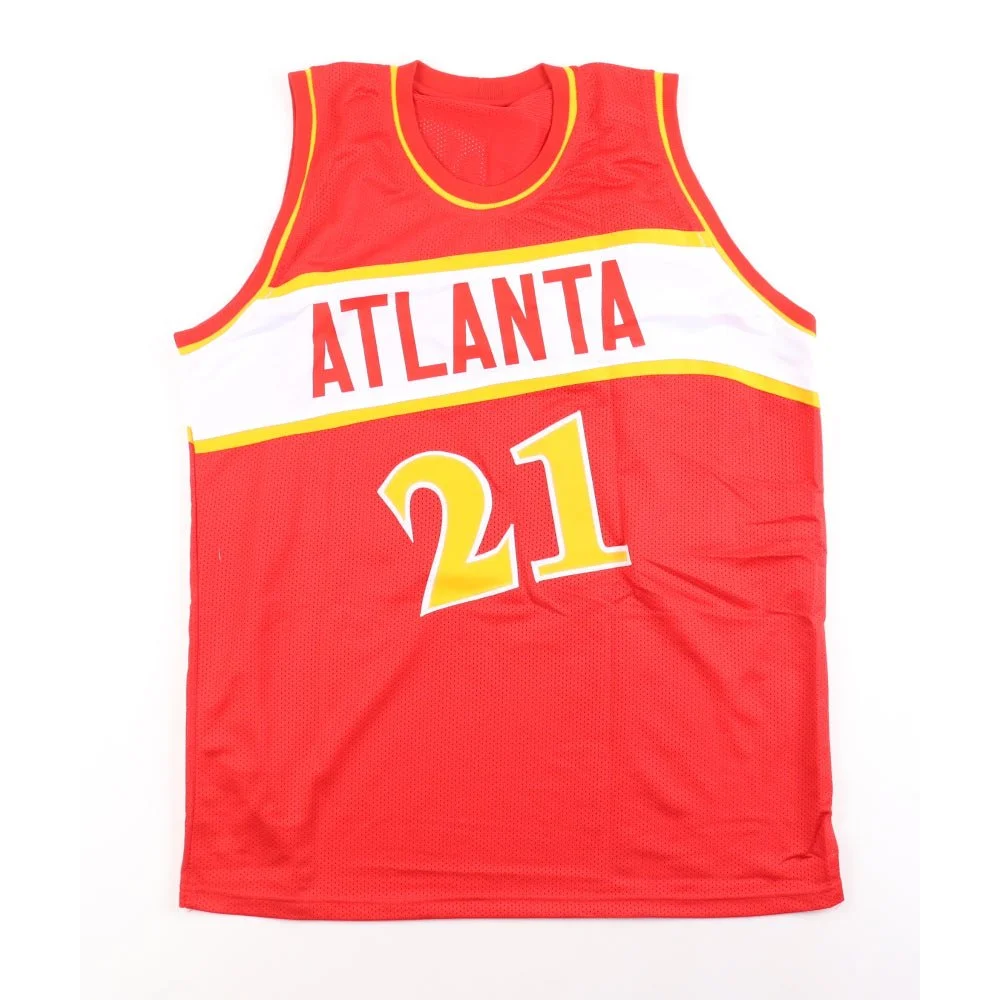 Red Atlanta basketball jersey with 21, signed by Dominique Wilkins with Schwartz Sports hologram