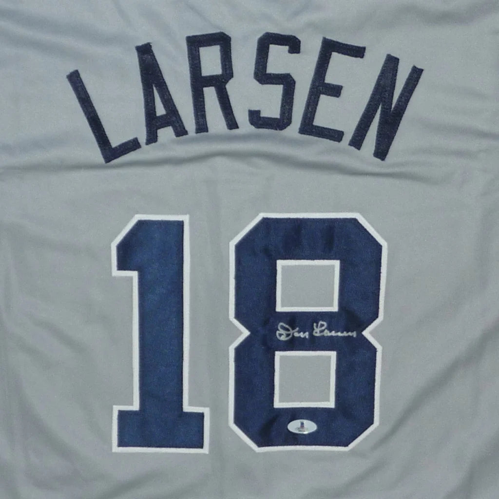 Don Larsen autographed Yankees gray jersey number 18 with blue lettering