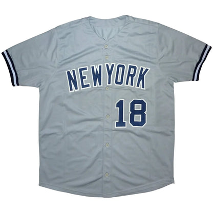 Don Larsen autographed Yankees gray jersey number 18 with New York text
