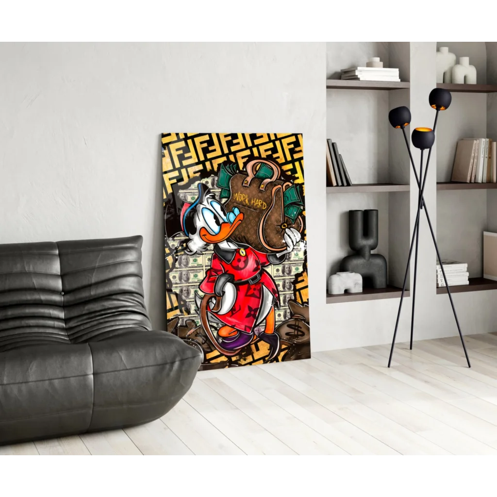Donald Duck Fendi-inspired canvas wall art print with gold accents