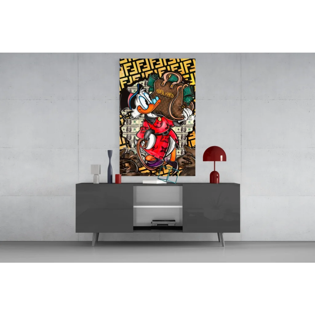 Donald Duck luxury canvas wall art print with gold accents on black wall