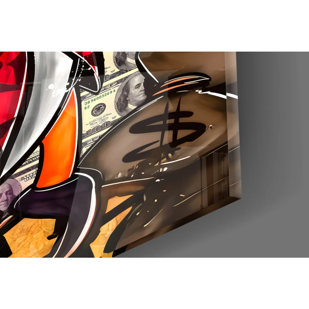 Silver dollar sign mirror with graffiti on Donald Duck wall art