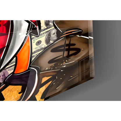 Silver dollar sign mirror with graffiti on Donald Duck wall art