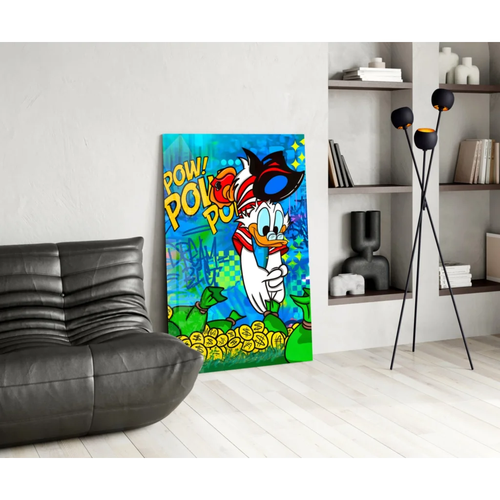 Vibrant Donald Duck pop art canvas wall art with coins and money bags