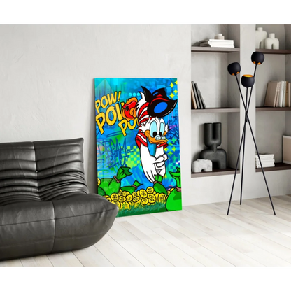 Vibrant Donald Duck pop art canvas wall art with coins and money bags