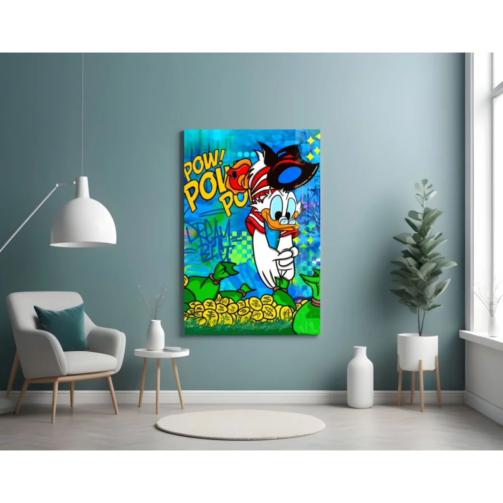 Donald Duck Pop Art Canvas Wall Art with Coins and Money Bags | Contemporary Home Wall Art | vintageantiquesgifts.com