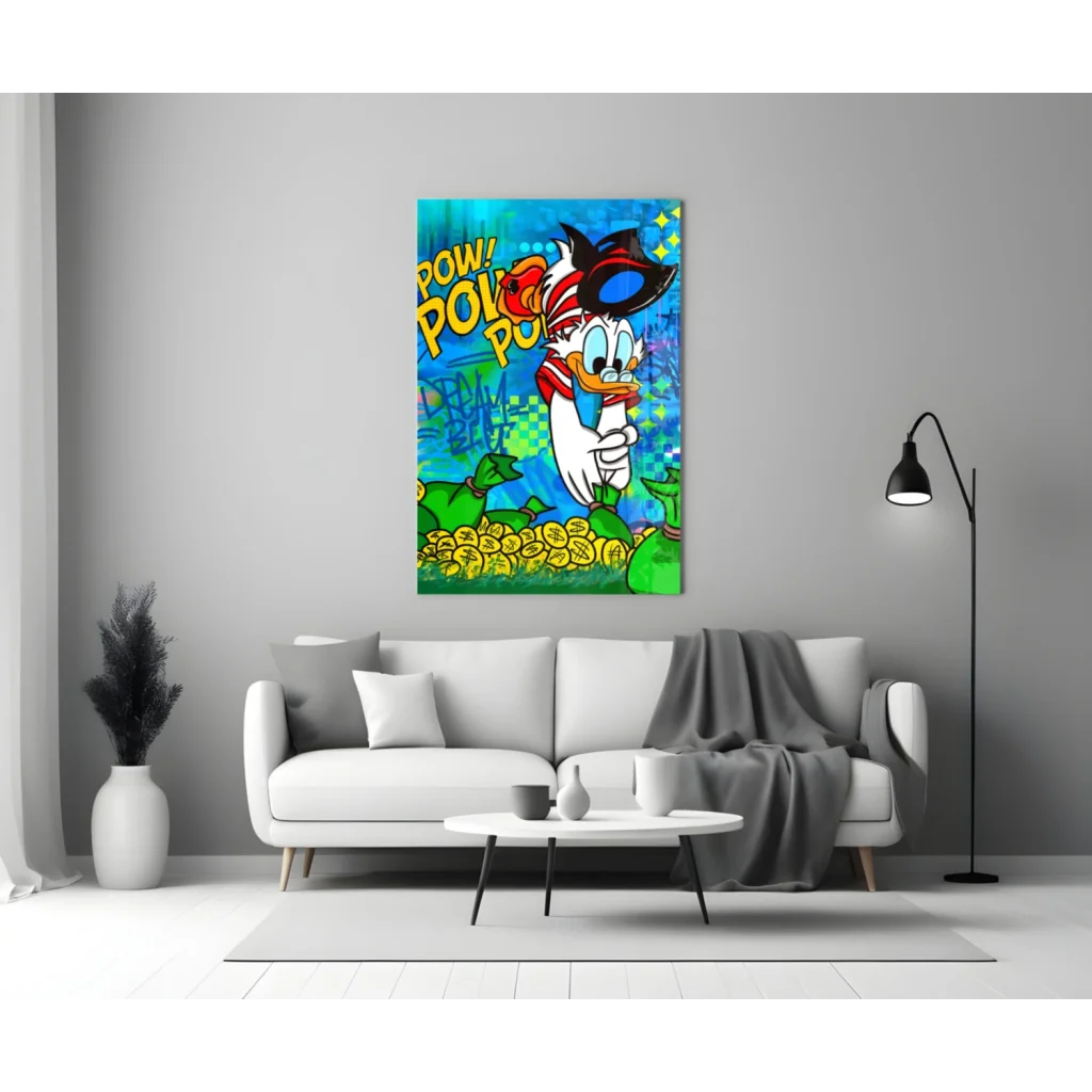 Donald Duck Pop Art Canvas Wall Art with Coins and Money Bags | Modern Wall Art Decor | vintageantiquesgifts.com