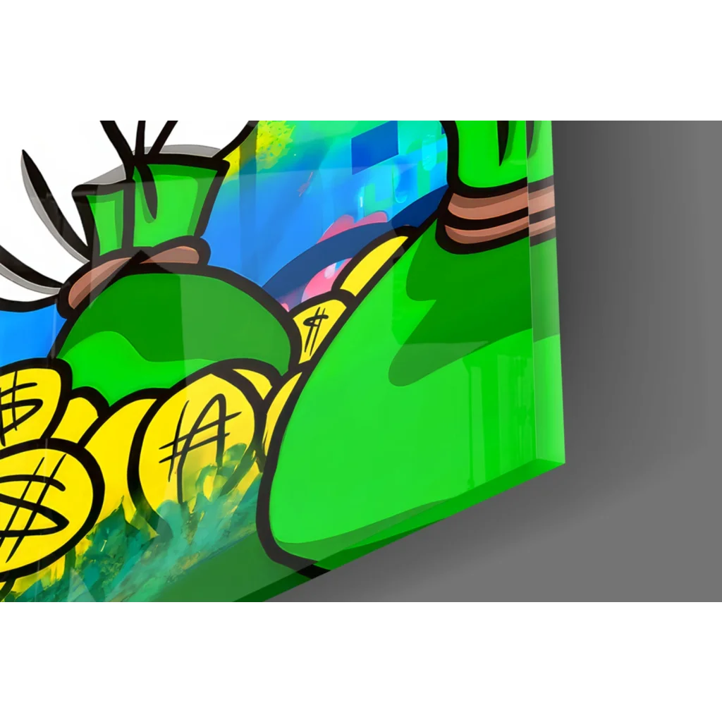 Vibrant Donald Duck pop art wall art with green money bags and dollar coins