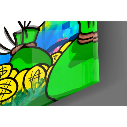 Vibrant Donald Duck pop art wall art with green money bags and dollar coins