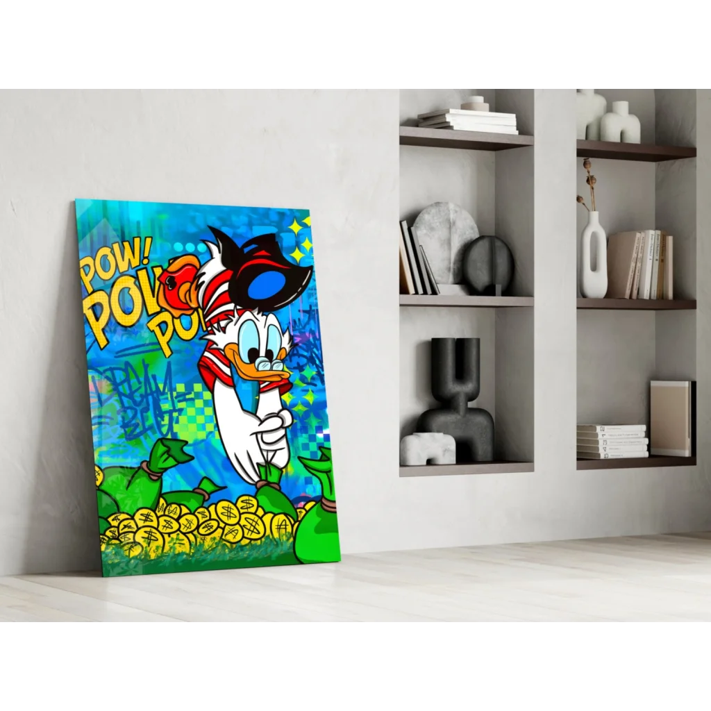 Donald Duck pop art wall art canvas with money bags and coins