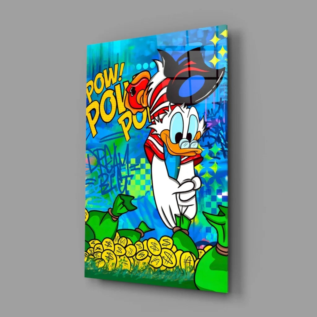 Donald Duck Pop Art Canvas Wall Art with Coins and Money Bags | Glass Wall Art Print | vintageantiquesgifts.com