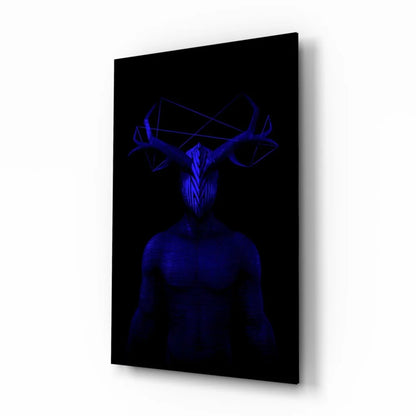 Glowing blue neon deer glass wall art with stylized humanoid figure
