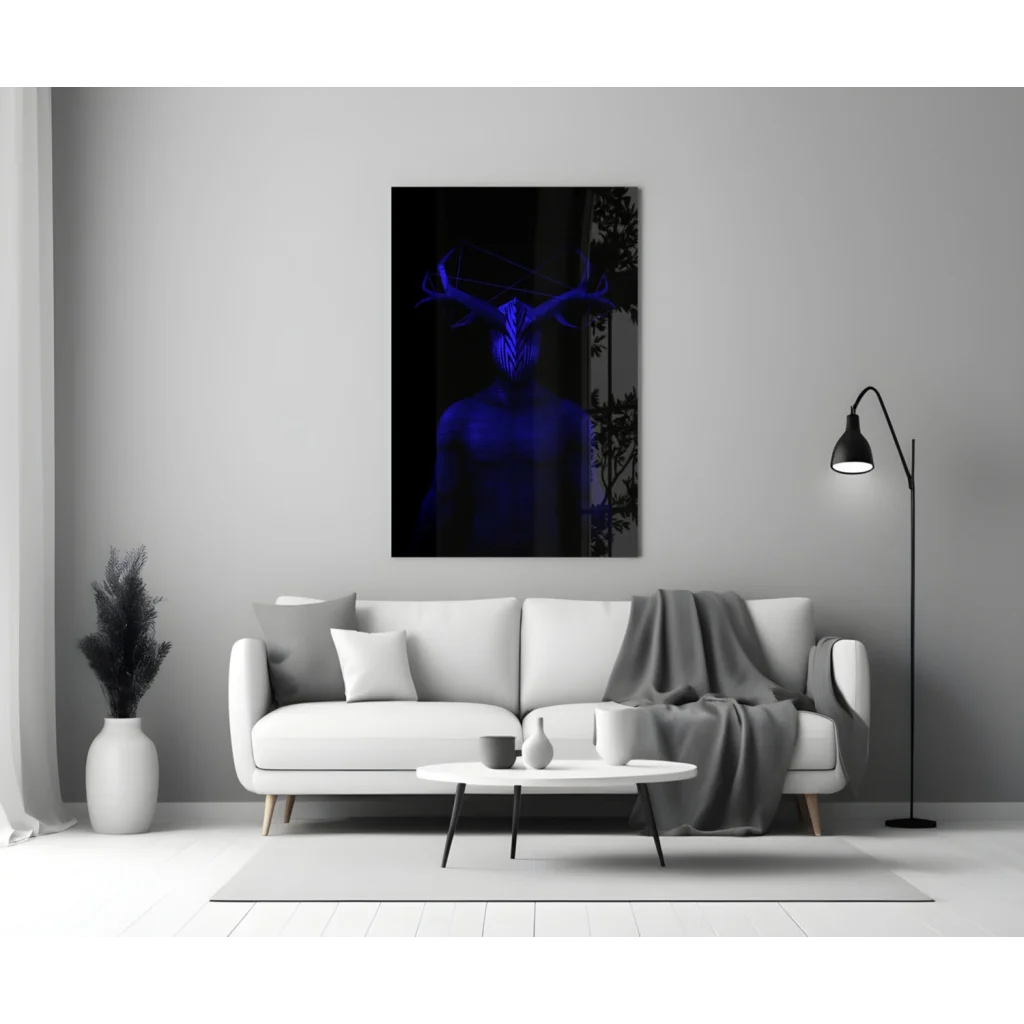 Glowing blue neon deer glass wall art on black background