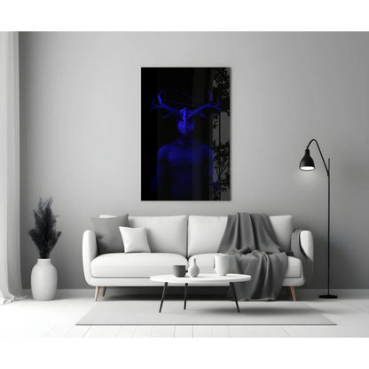 Glowing blue neon deer glass wall art on black background