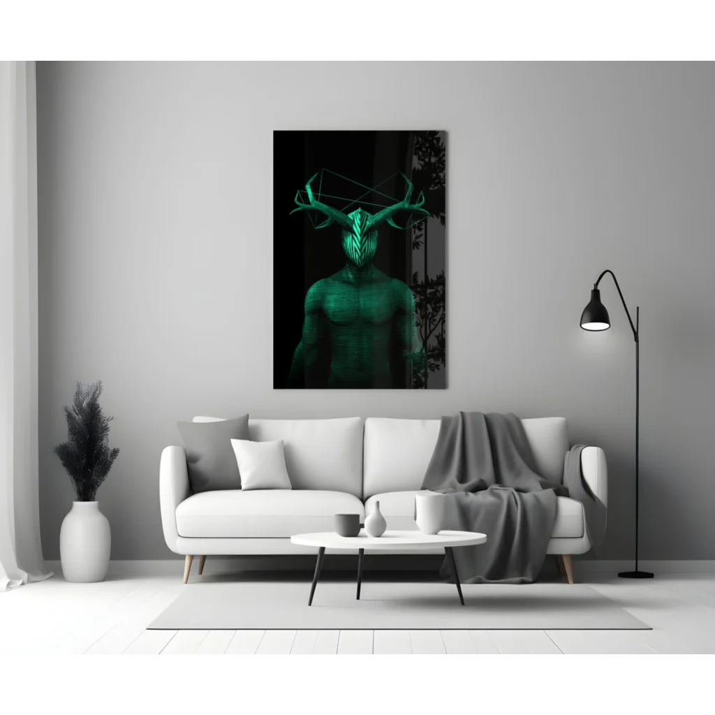 Glowing Green Geometric Deer Glass Wall Art Panel | Modern Wall Art Decor | vintageantiquesgifts.com