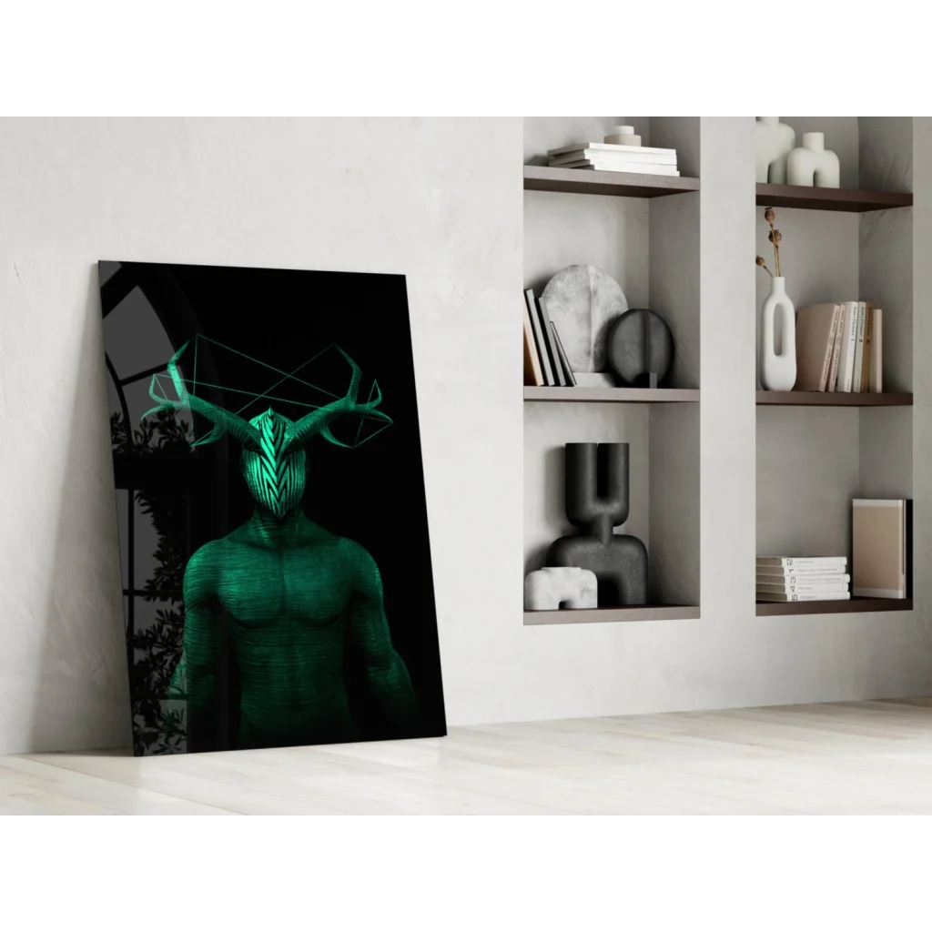 Glowing green geometric deer glass wall art panel on black canvas