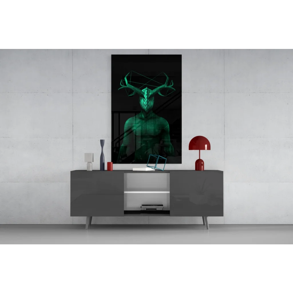 Glowing green geometric deer glass wall art panel on gray console