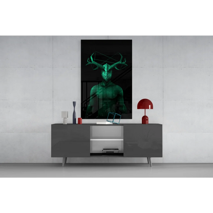Glowing green geometric deer glass wall art panel on gray console
