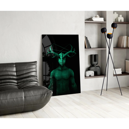 Glowing green geometric deer glass wall art panel with antlers