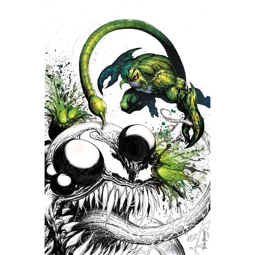 Epic comic book art from Donny Cates and Luke Ross featuring a green scorpion attacking a monstrous black and white creature