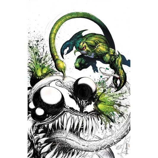 Epic comic book art from Donny Cates and Luke Ross featuring a green scorpion attacking a monstrous black and white creature