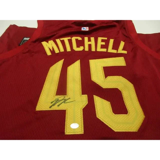 Red Donovan Mitchell Cleveland Cavaliers signed jersey with yellow numbers and PAAS COA