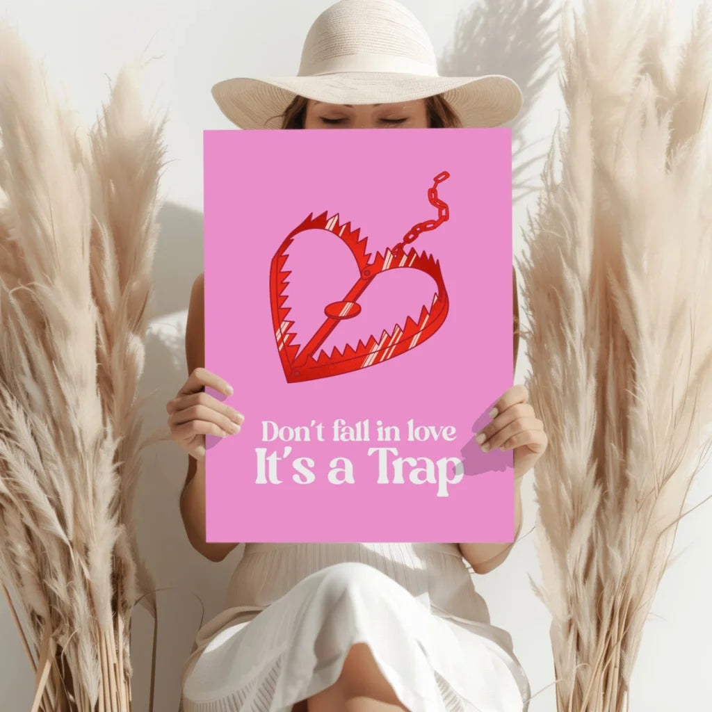 Pink heart snake poster with jagged edges and dont fall in love its a trap text