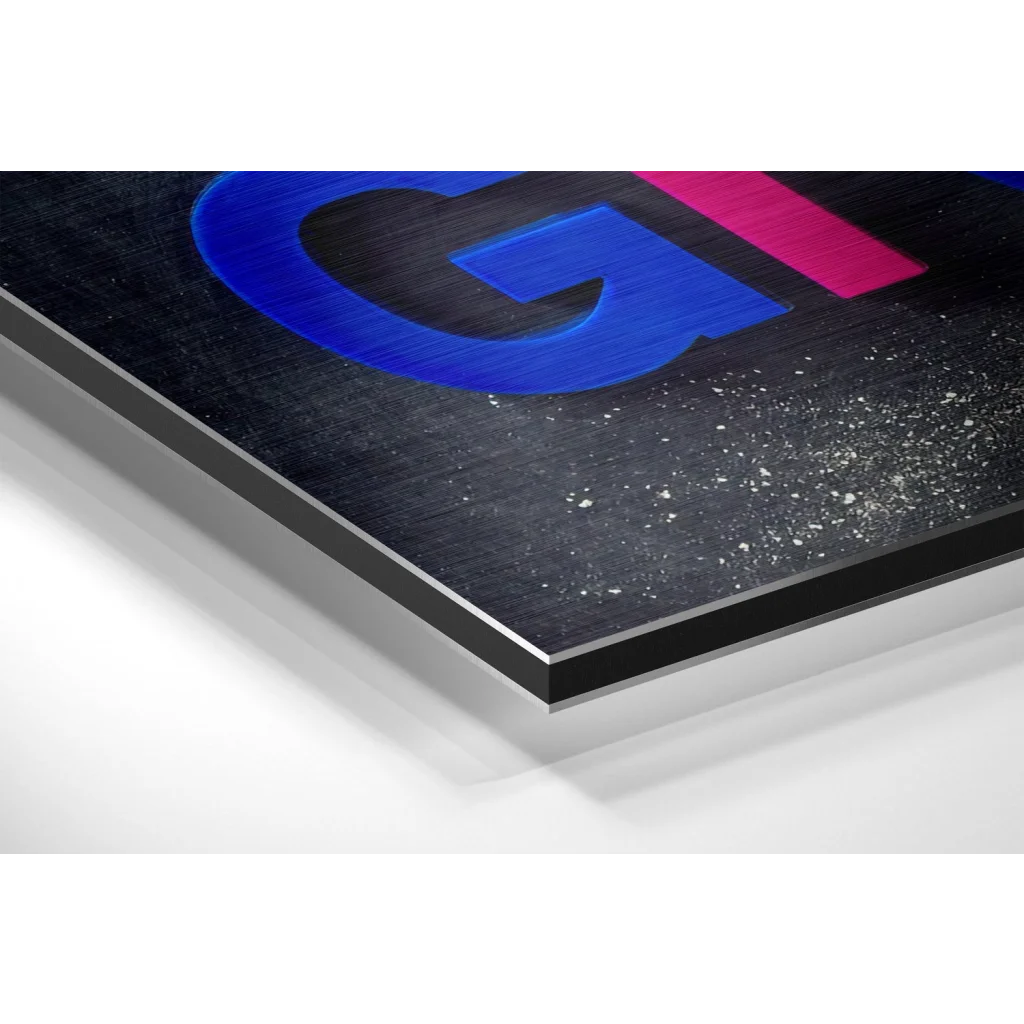 Bold blue and pink g on brushed aluminium dibond wall art