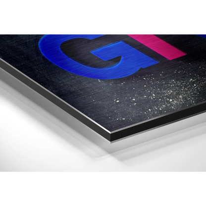 Bold blue and pink g on brushed aluminium dibond wall art