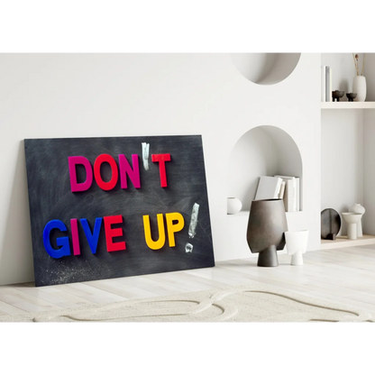Vibrant 3D glass wall art Don’t Give Up sign in pink and blue on black