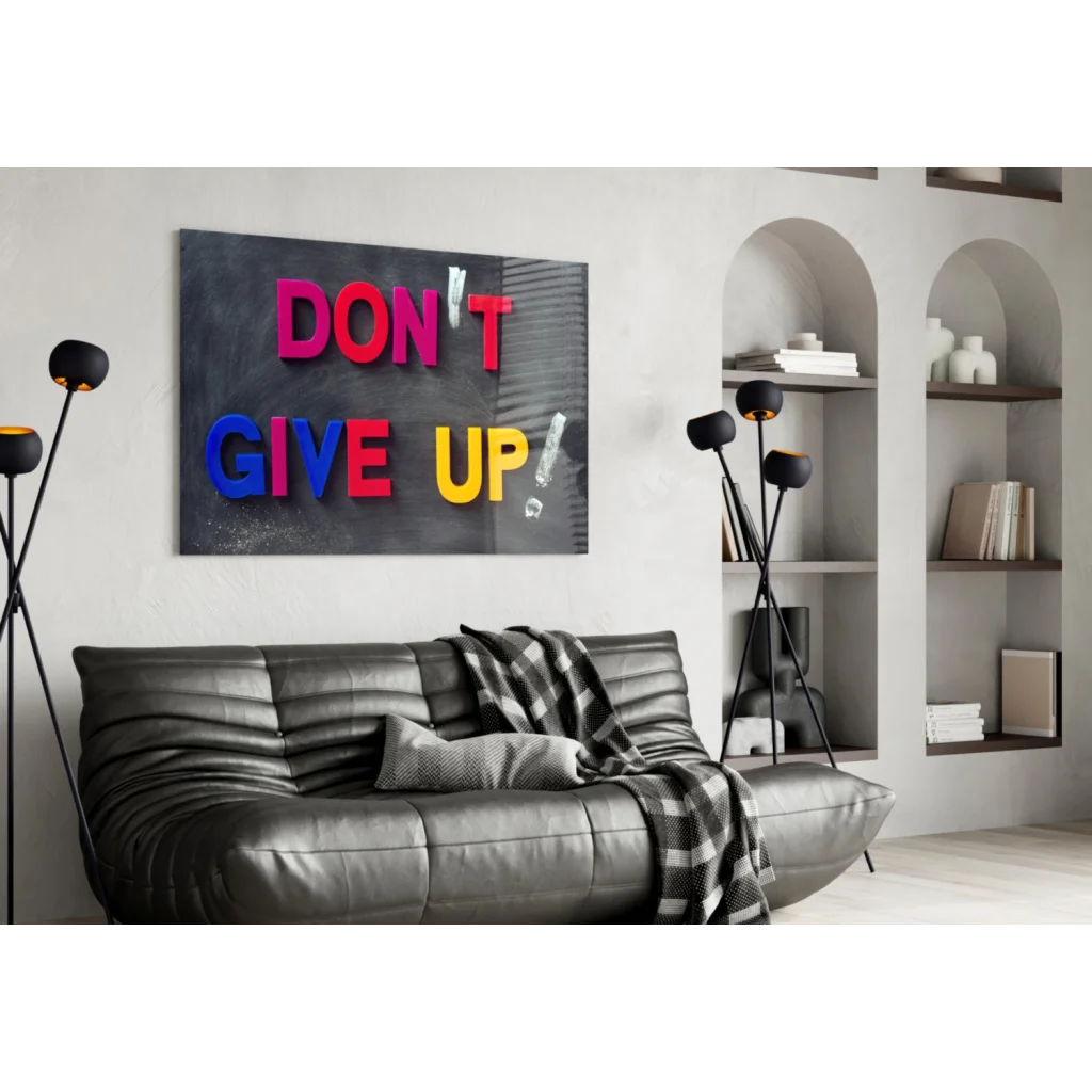 3D motivational glass wall art with vibrant pink blue yellow Dont Give Up letters on dark textured background