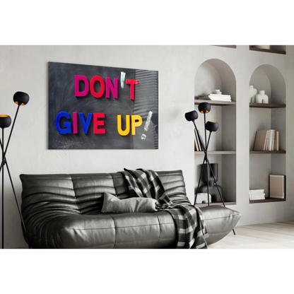 3D motivational glass wall art with vibrant pink blue yellow Dont Give Up letters on dark textured background