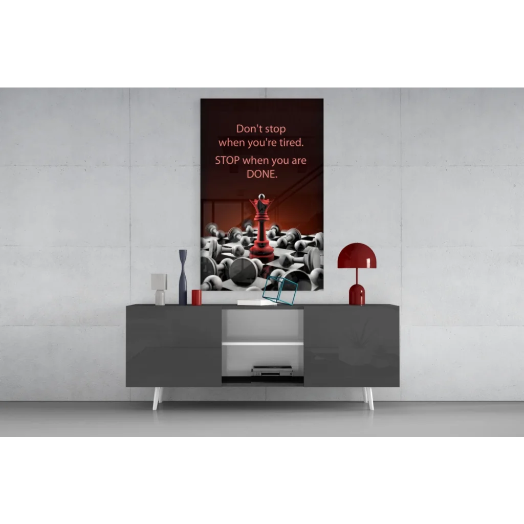 Red chess king motivational quote wall art on dark background