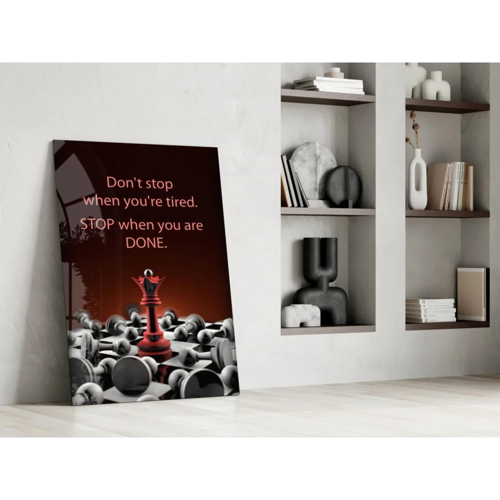 Red chess king motivational quote wall art on dark background