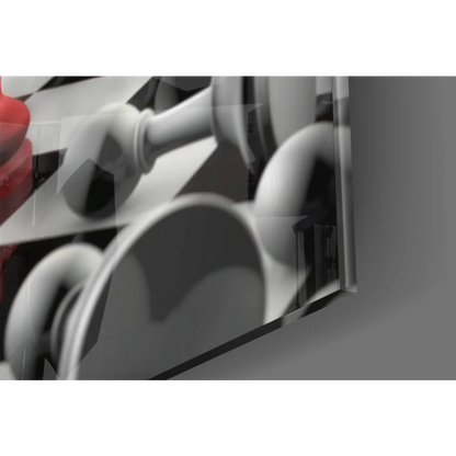 Sleek black-and-white abstract wall art with mechanical elements and red chess queen king motifs