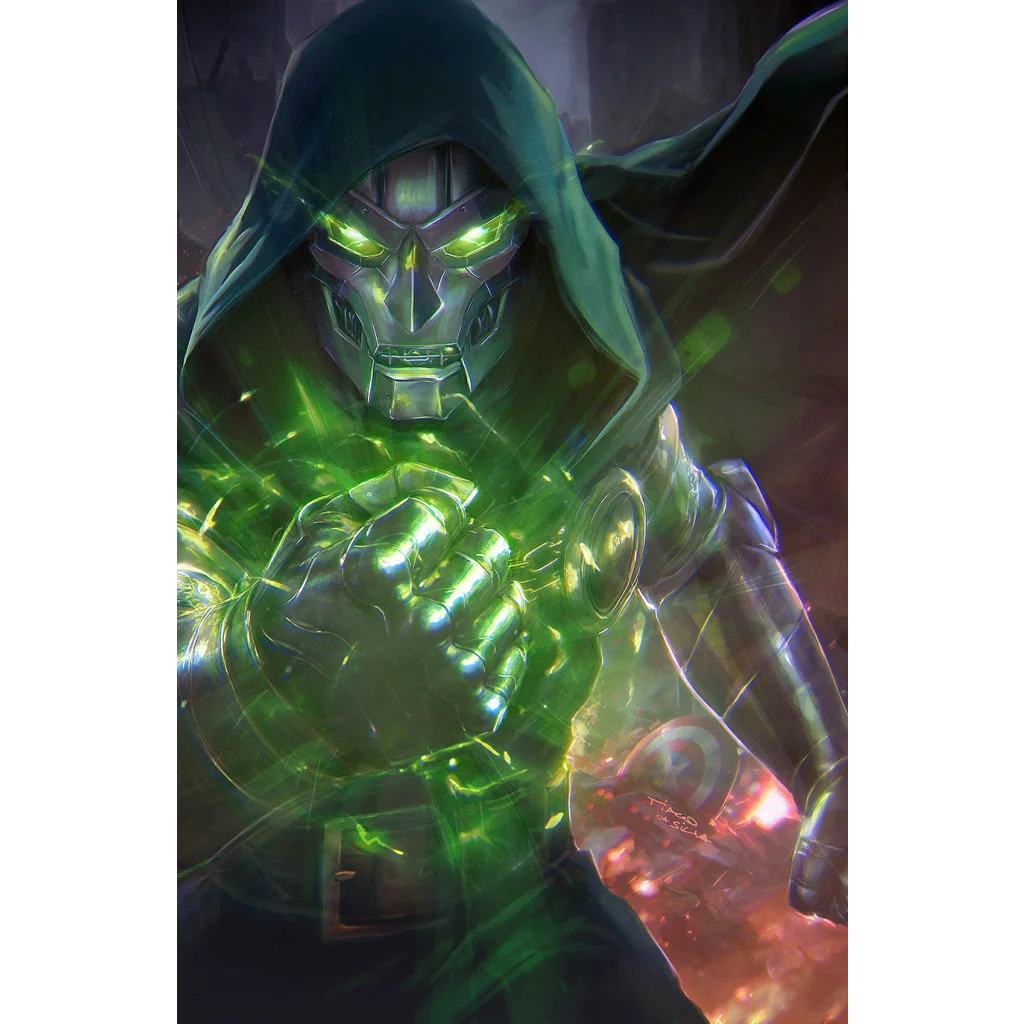A menacing green-skinned villain figure in metallic silver and black armor with glowing emerald eyes in tiago da silva pop megacon exclusive