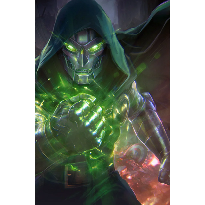A menacing green-skinned villain figure in metallic silver and black armor with glowing emerald eyes in tiago da silva pop megacon exclusive