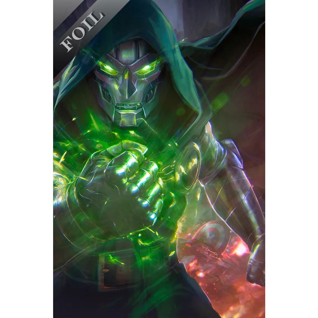 Green glowing metallic doom figure in a dark green hooded cloak from the will of doom 1 by tiago da silva