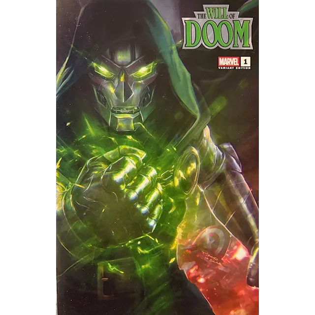 Green glowing eyes and metallic armor highlight the menacing doctor doom on the tiago da silva comic cover
