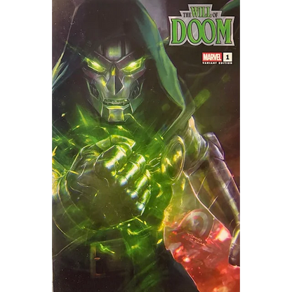 Green glowing eyes and metallic armor highlight the menacing doctor doom on the tiago da silva comic cover
